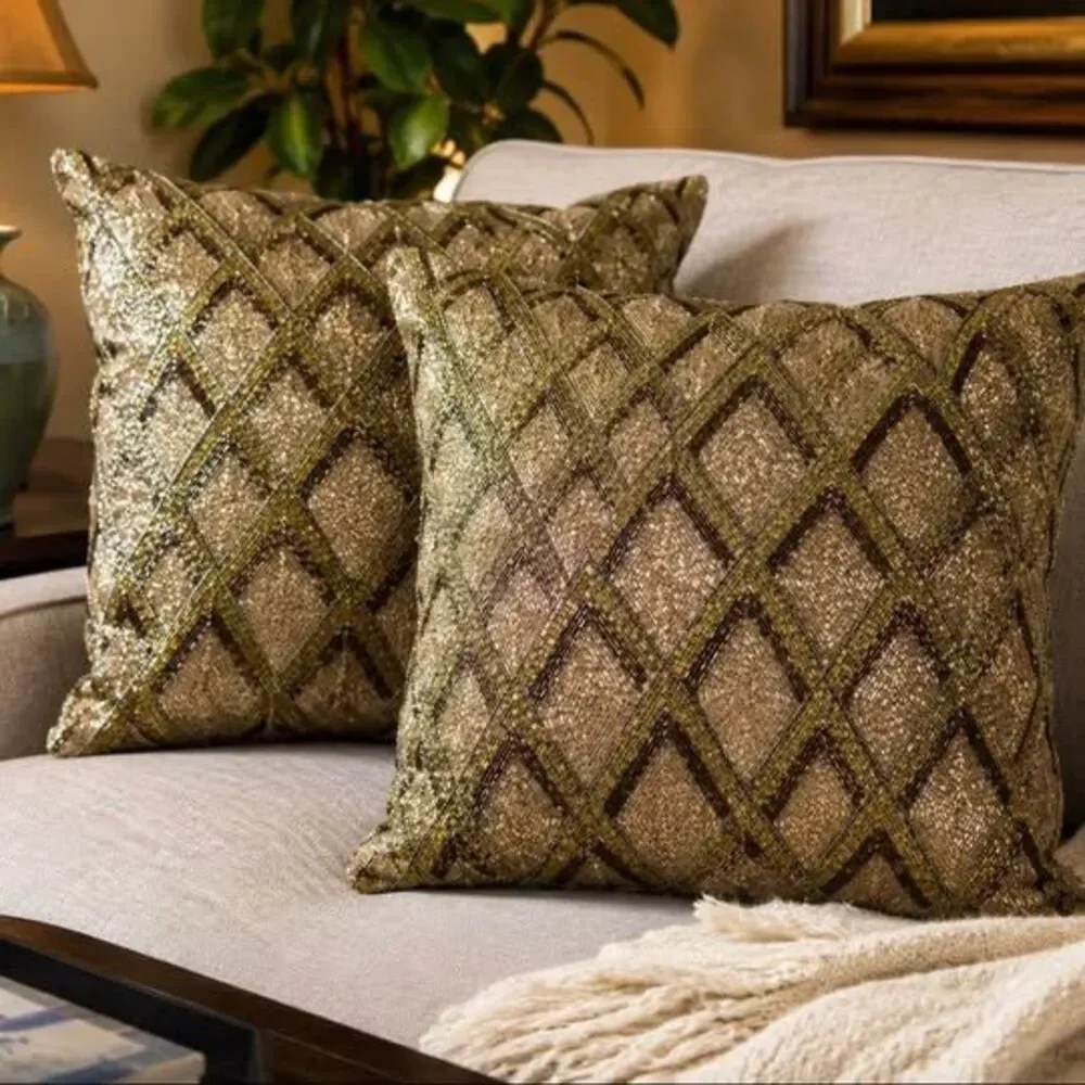 Set of 2 Pier 1 Gold Beaded Accent Throw Pillows 12x12 Geometric Diamond
